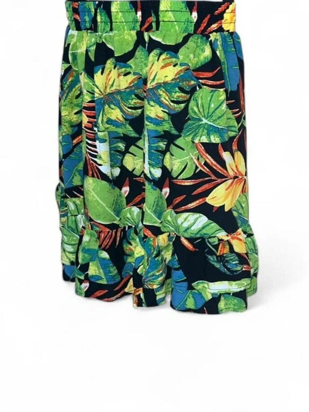 Rachael Roy Women's Green and Blue Tropical Print Mini Skirt with Ruffle Hem M